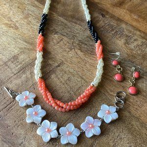 Black & Coral Necklace, Bracelet & Earrings Set